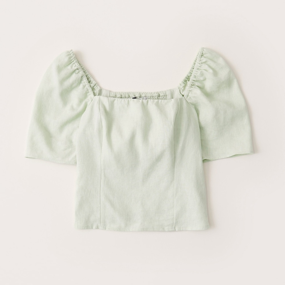Abercrombie Pale Green Linen Square Neck Puff Sleeve Blouse size Medium